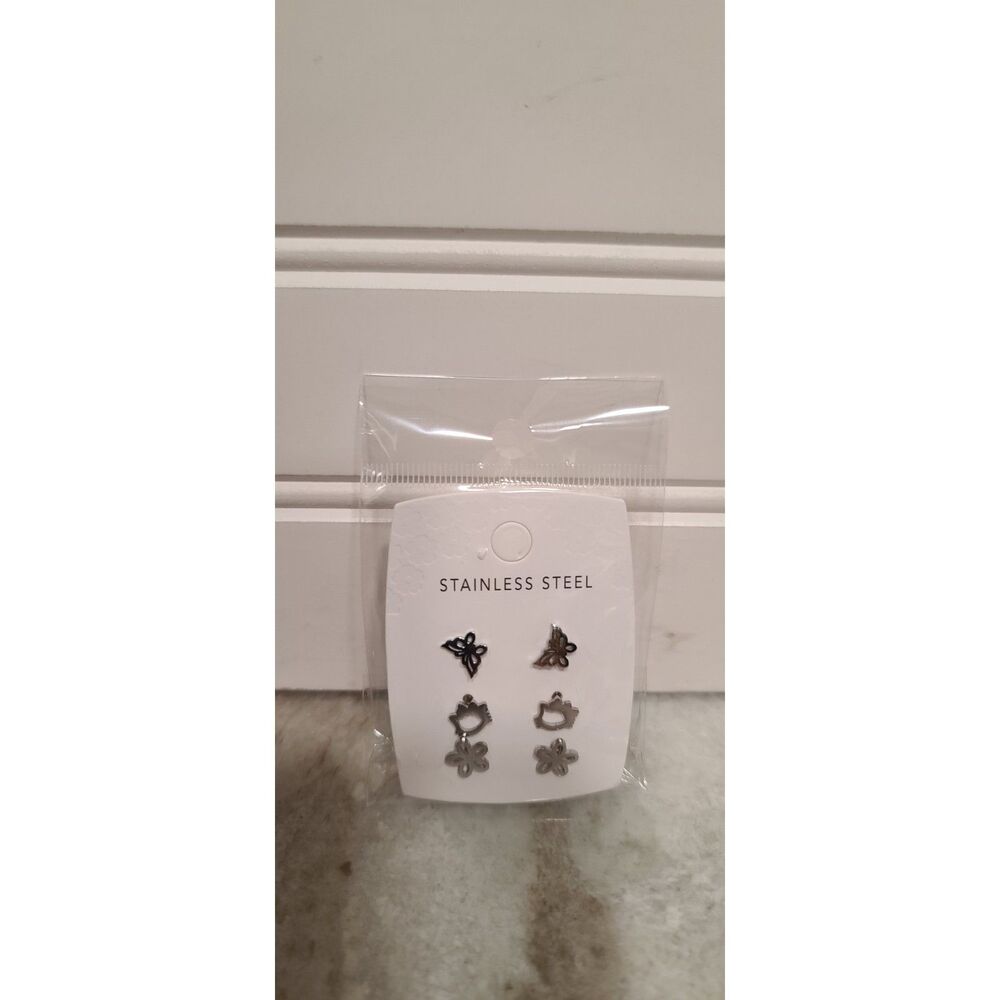 Pastel Collection Stainless Steel Kids 3 Pair Earring Set Silver